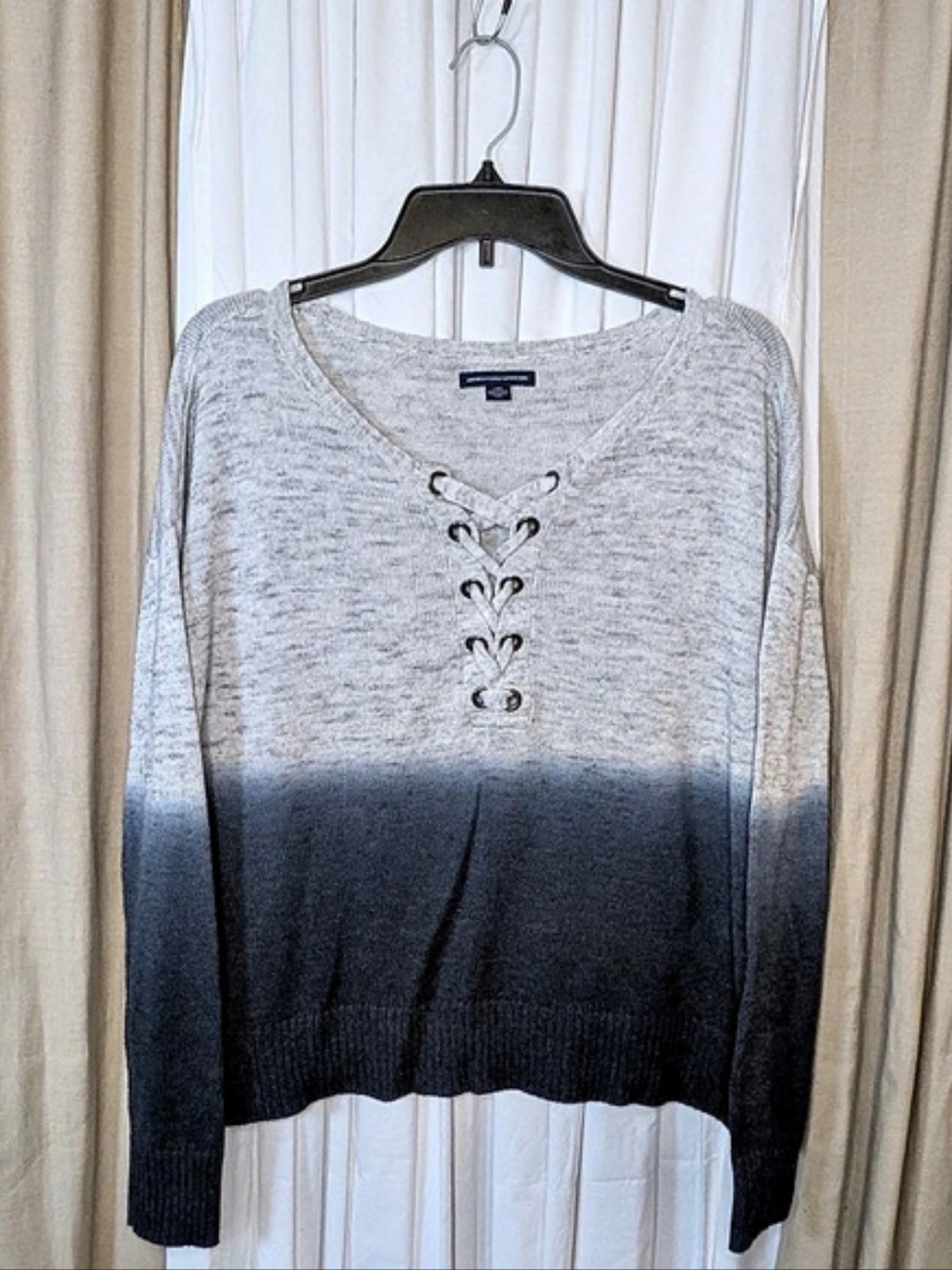 American Eagle Outfitters Color Block Lace-Up Sweater Gray & Black Size Large